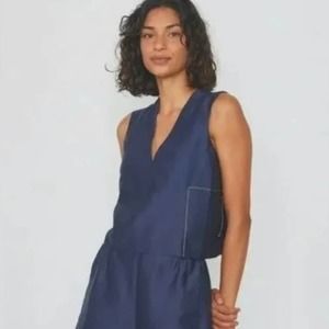 LUNYA Shirt Womens Small Blue Resort Linen Silk Pajama Top Sleeveless Crop Tank
